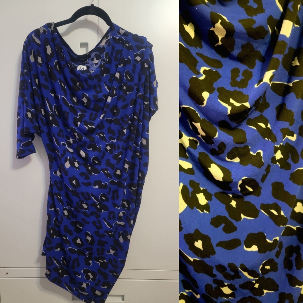 NWT Cobalt Blue Leopard Asymmetrical Dolmain Sleeve Dress